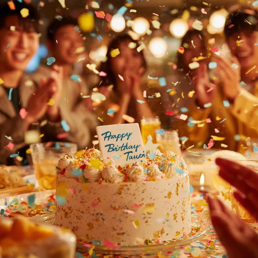 A birthday cake with Happy Birthday TaeJun topper surrounded by smiling, clapping friends and confetti at home.