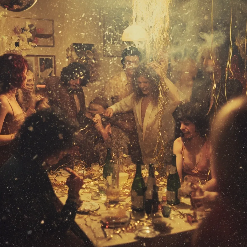 Candid 1970s New Year’s Eve house party with people in vintage clothing, disco decor, and authentic film grain aesthetic.