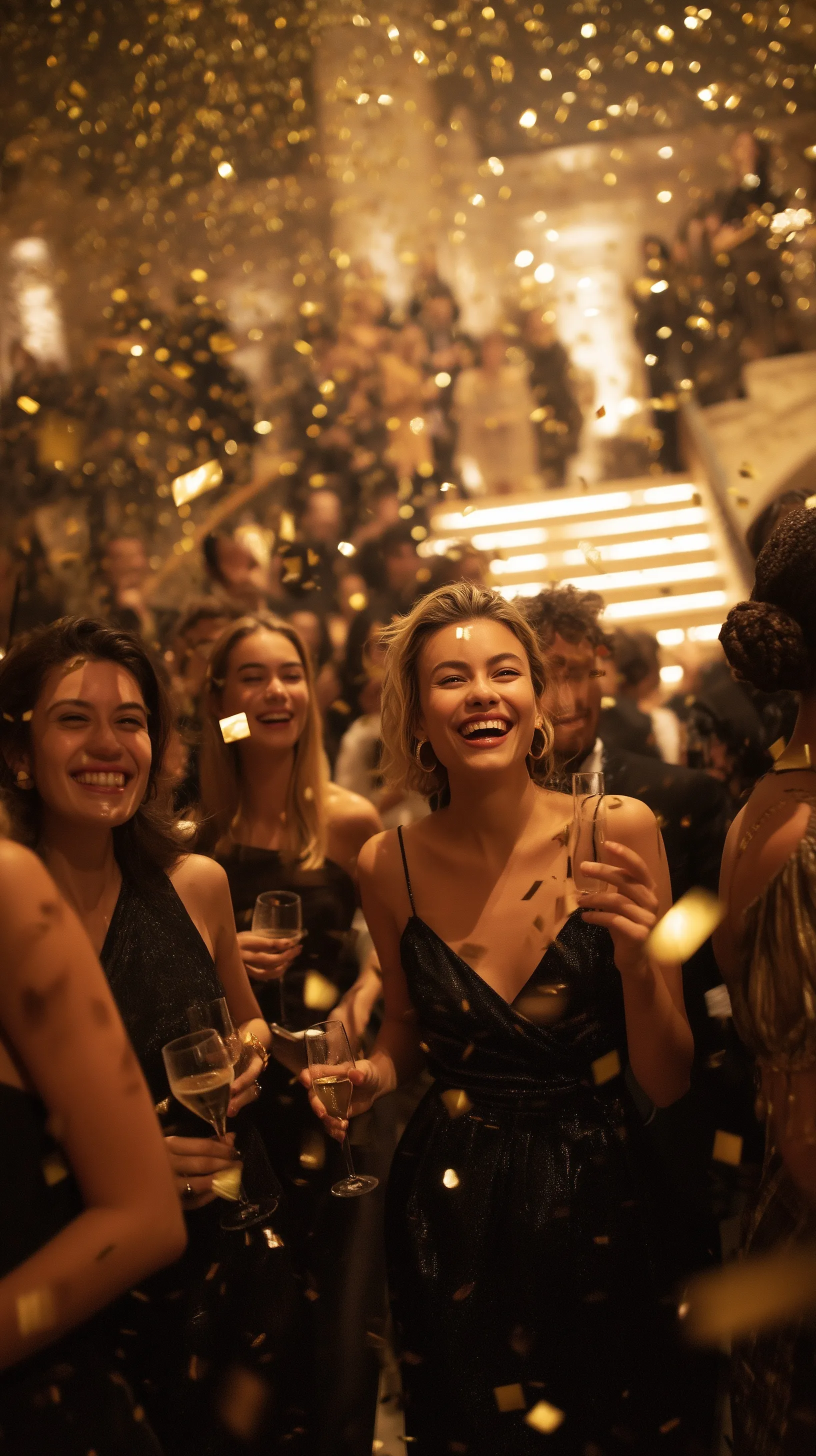 Stylish group celebrating a luxurious fashion gala with gold confetti, champagne, and elegant golden party decor.