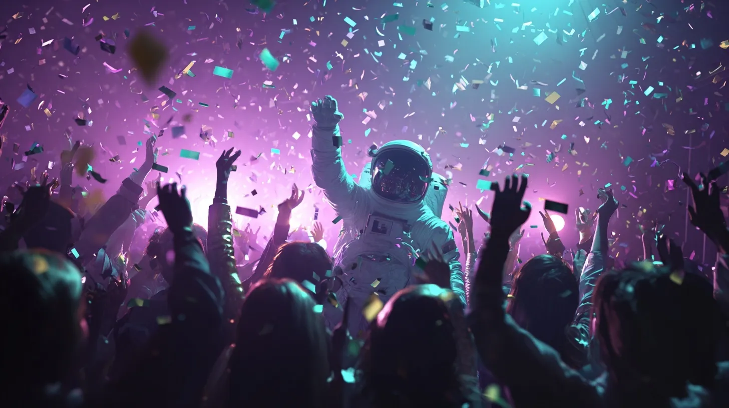 Diverse group celebrating New Year in a neon nightclub with confetti and an astronaut character in the background.