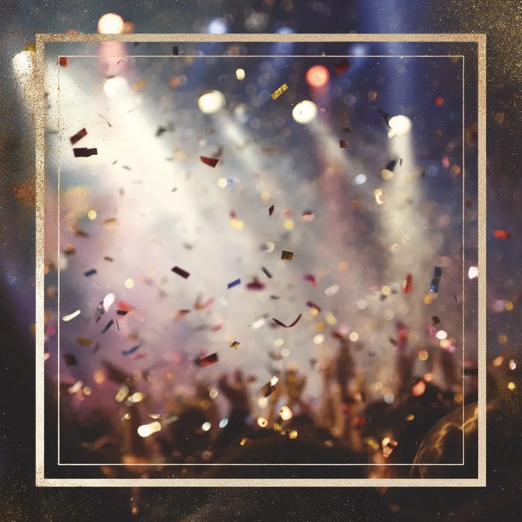 Elegant gold and deep blue postcard design featuring warm stage lights and confetti for a festive party invitation.