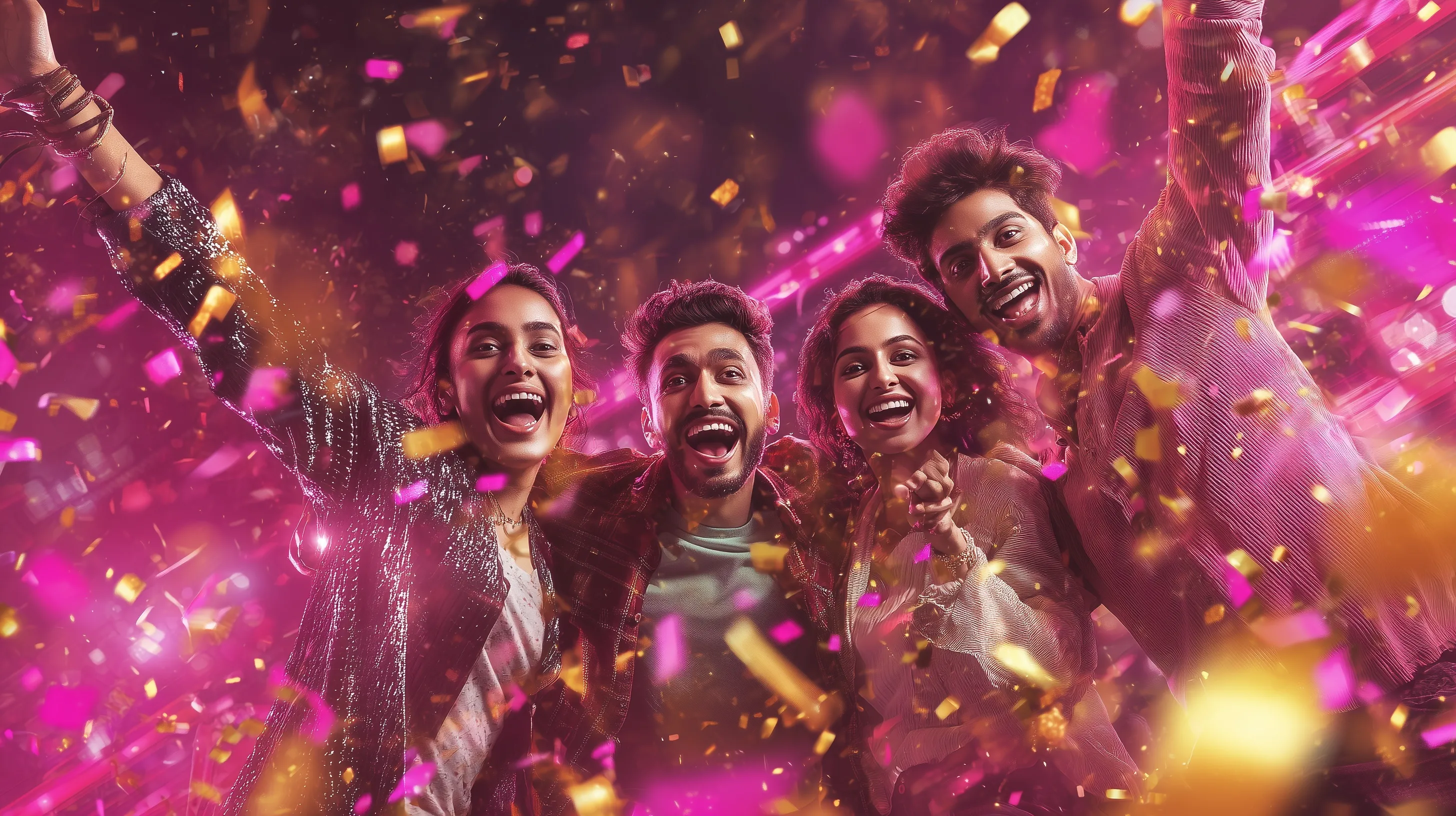 Excited Indian group celebrating victory with confetti and neon lights in a dynamic, high-energy gaming style shot.