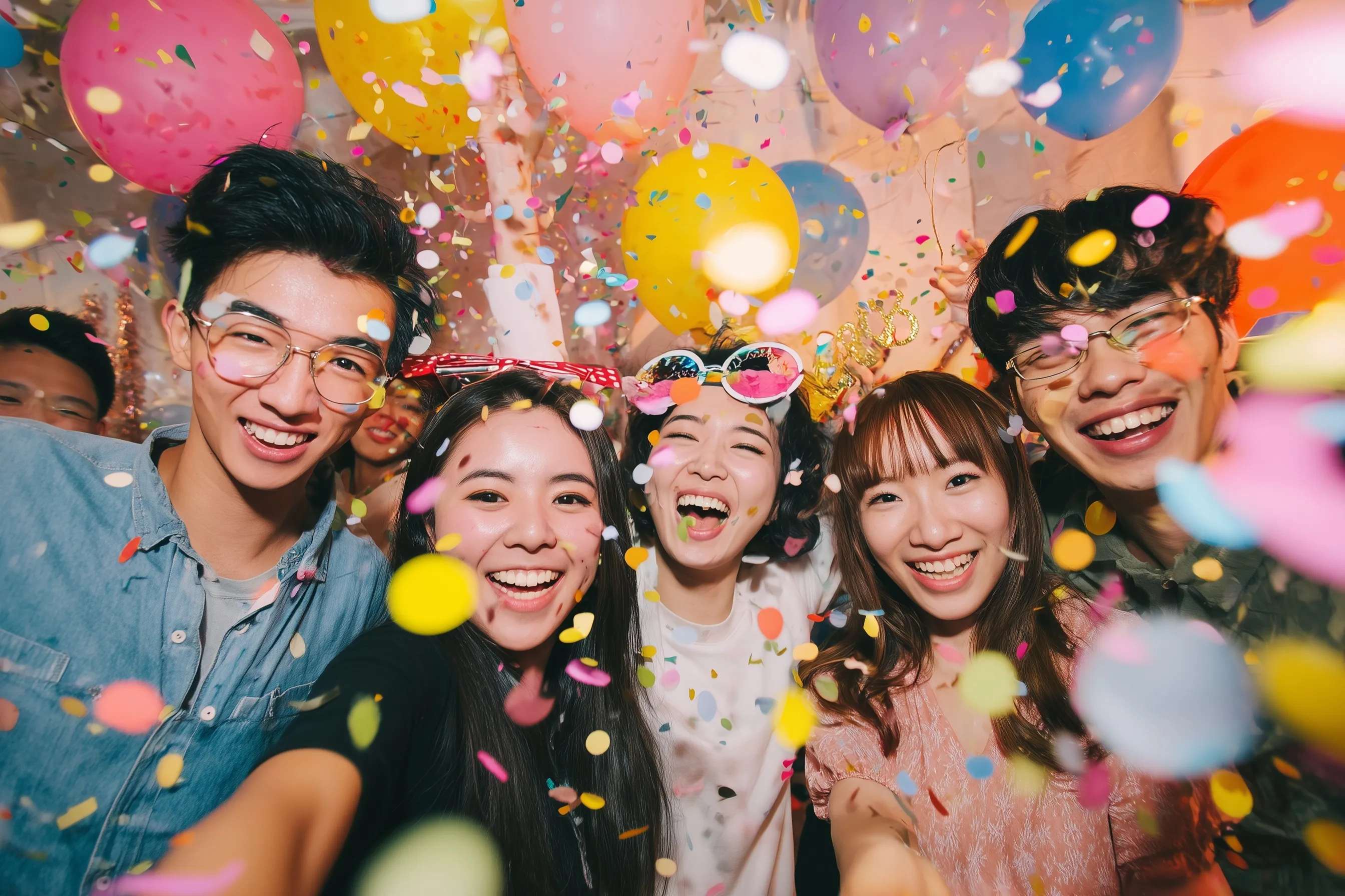 A group of happy Asian friends celebrating a birthday party with confetti, colorful balloons, and festive props.