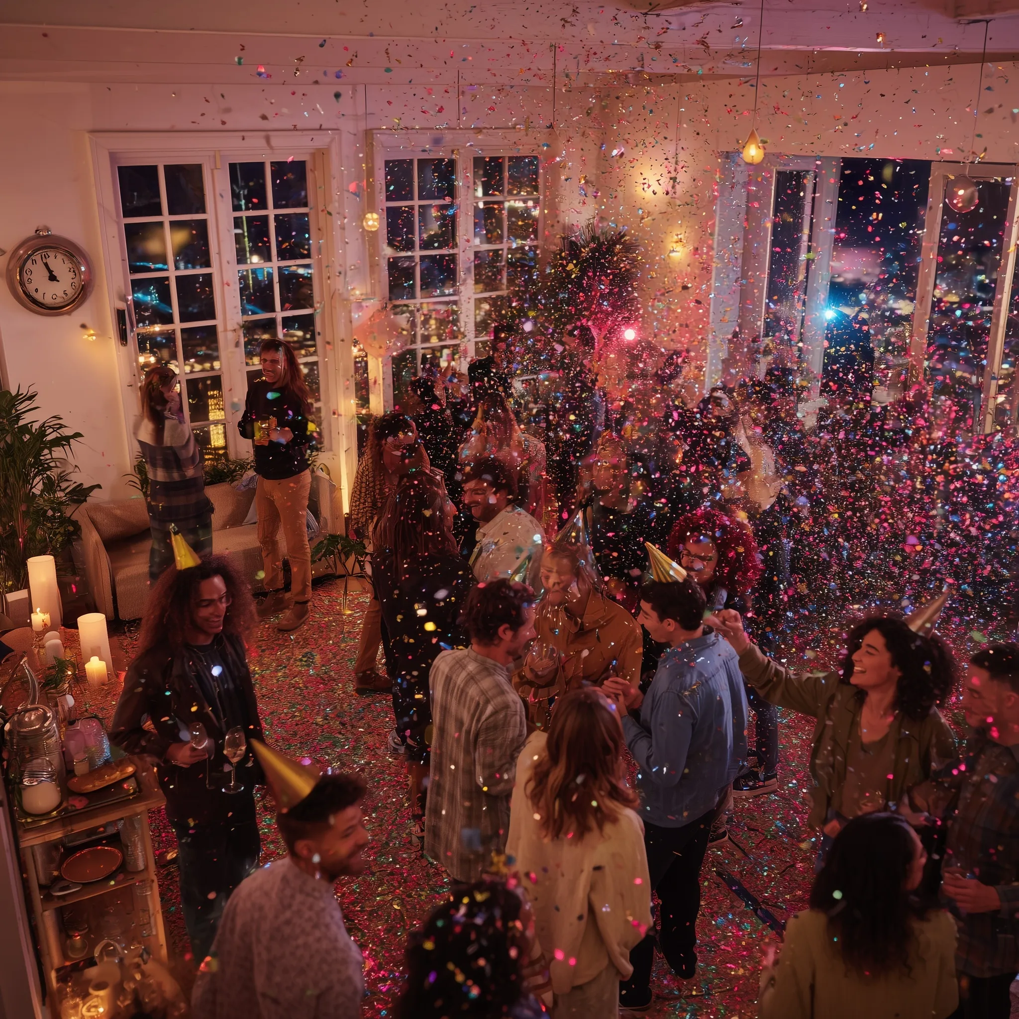 A joyful group celebrating New Year’s Eve in a cozy apartment with champagne, confetti, and fireworks at midnight.