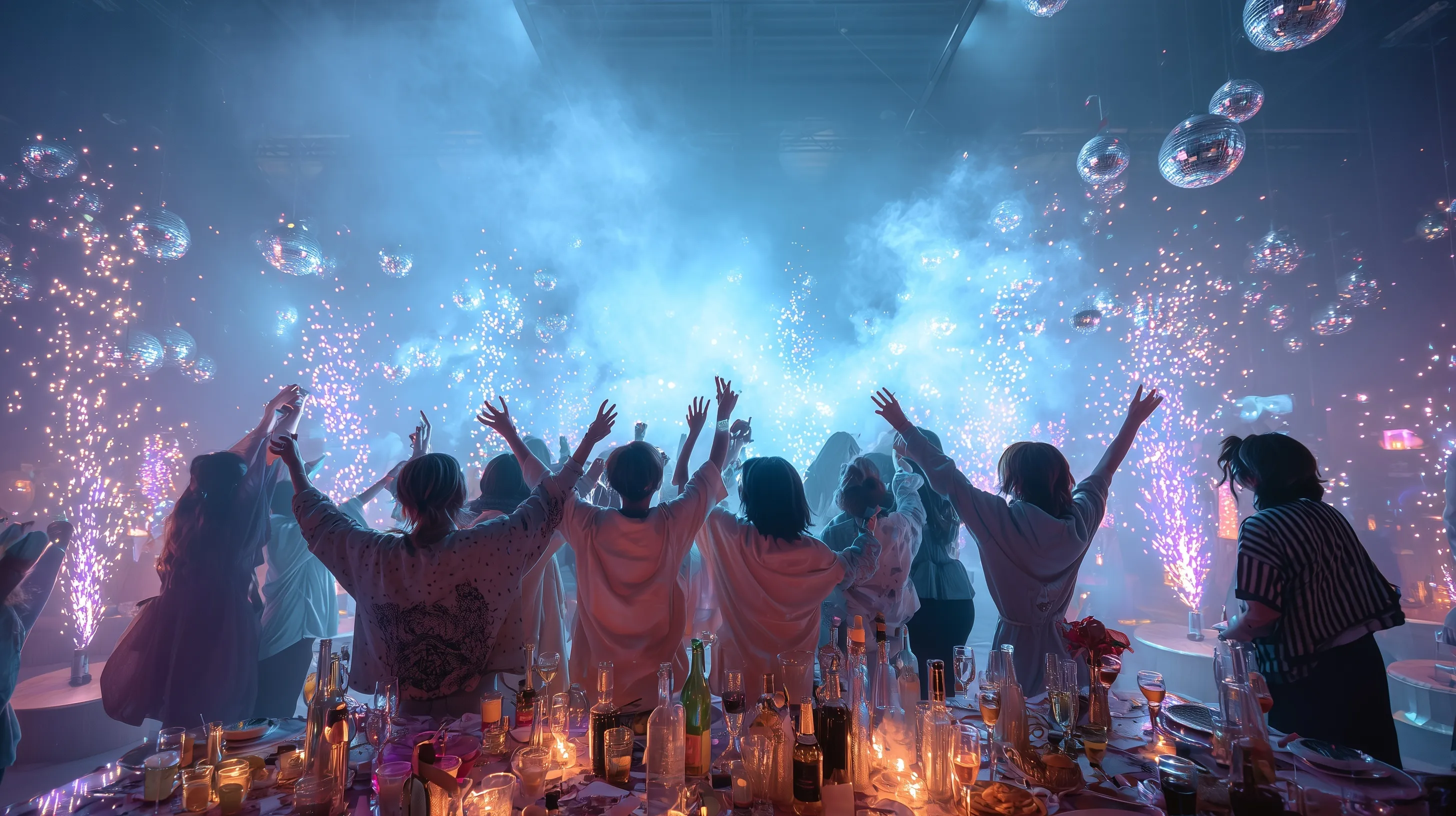 Back view of a joyful crowd celebrating at a New Year's Eve party with colorful confetti and festive lighting.