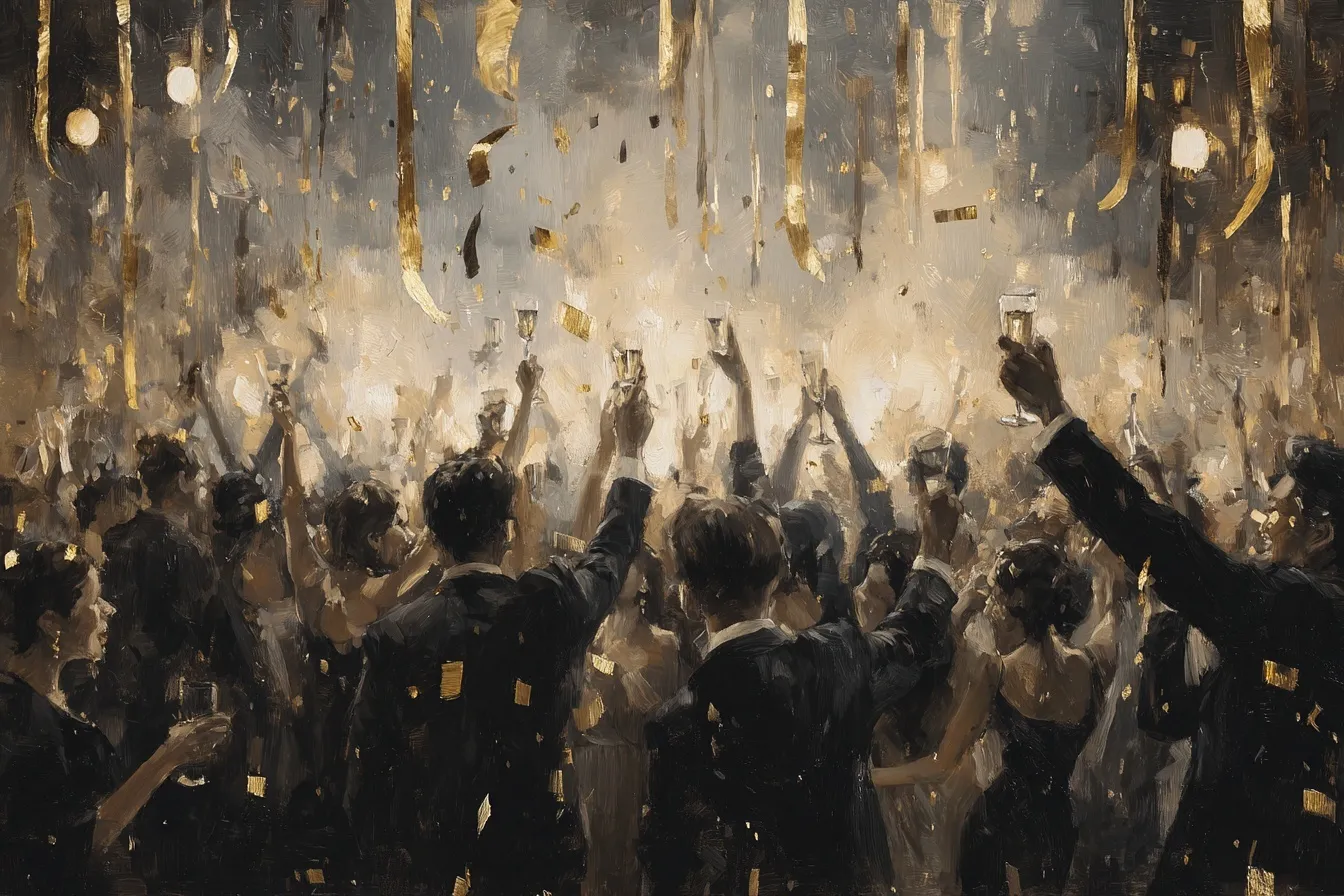 Vintage dark moody painting of a New Year's Eve party with gold streamers and champagne glasses.