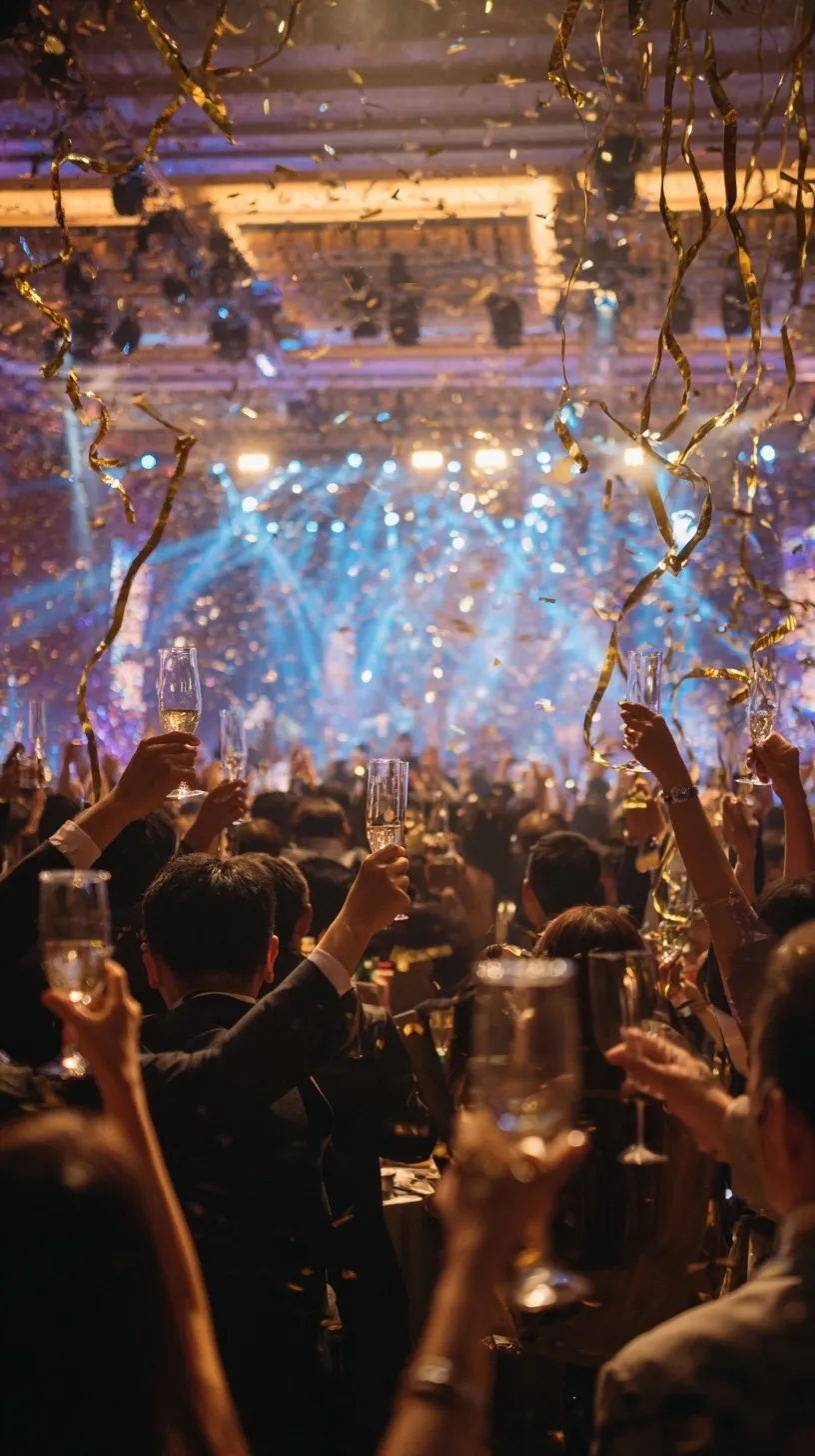 East Asian professionals raising glasses at a glamorous corporate gala celebration with golden confetti and lighting.