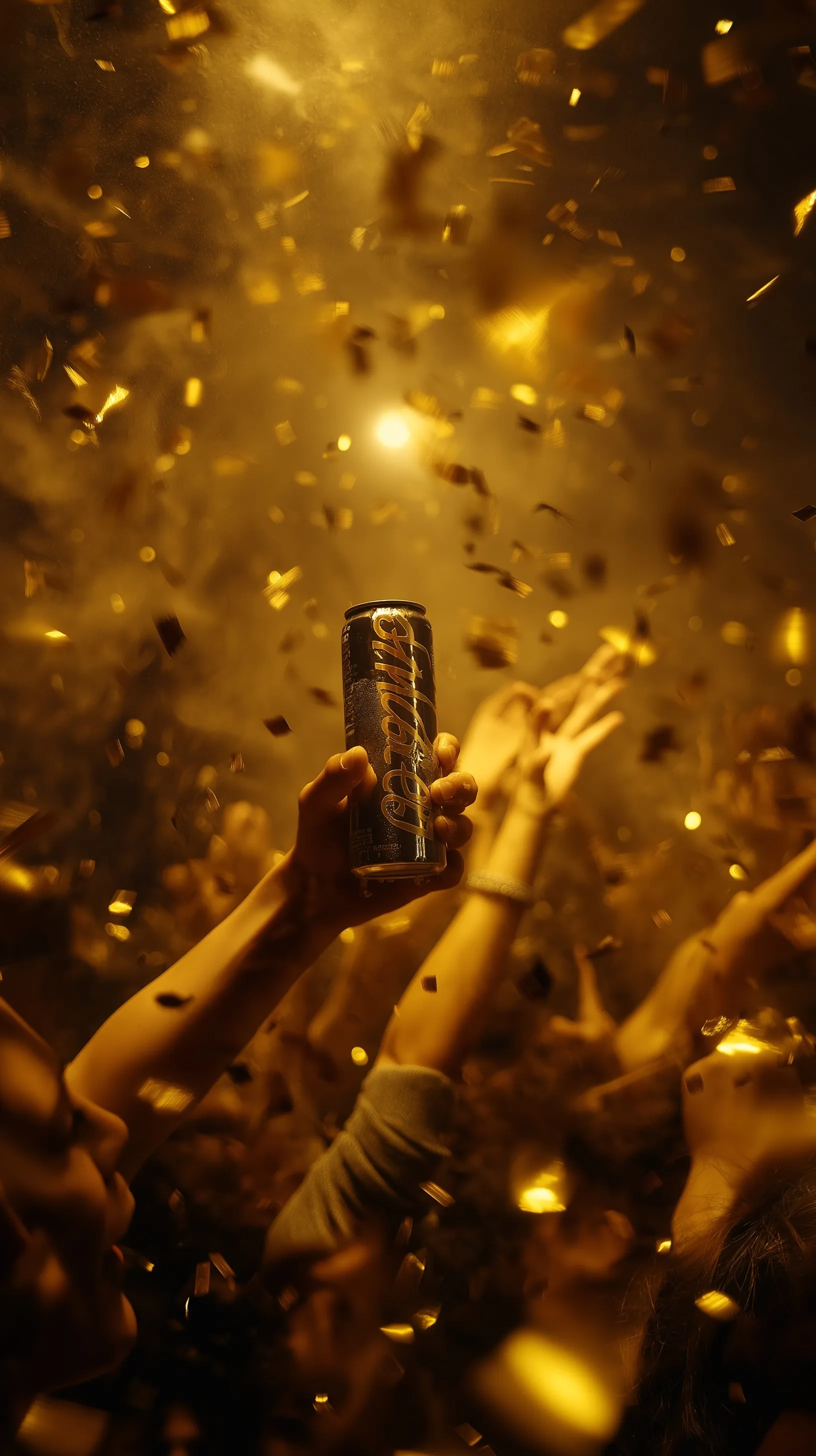 Energetic party scene with golden lights, confetti, and hands celebrating around a glowing energy drink can.