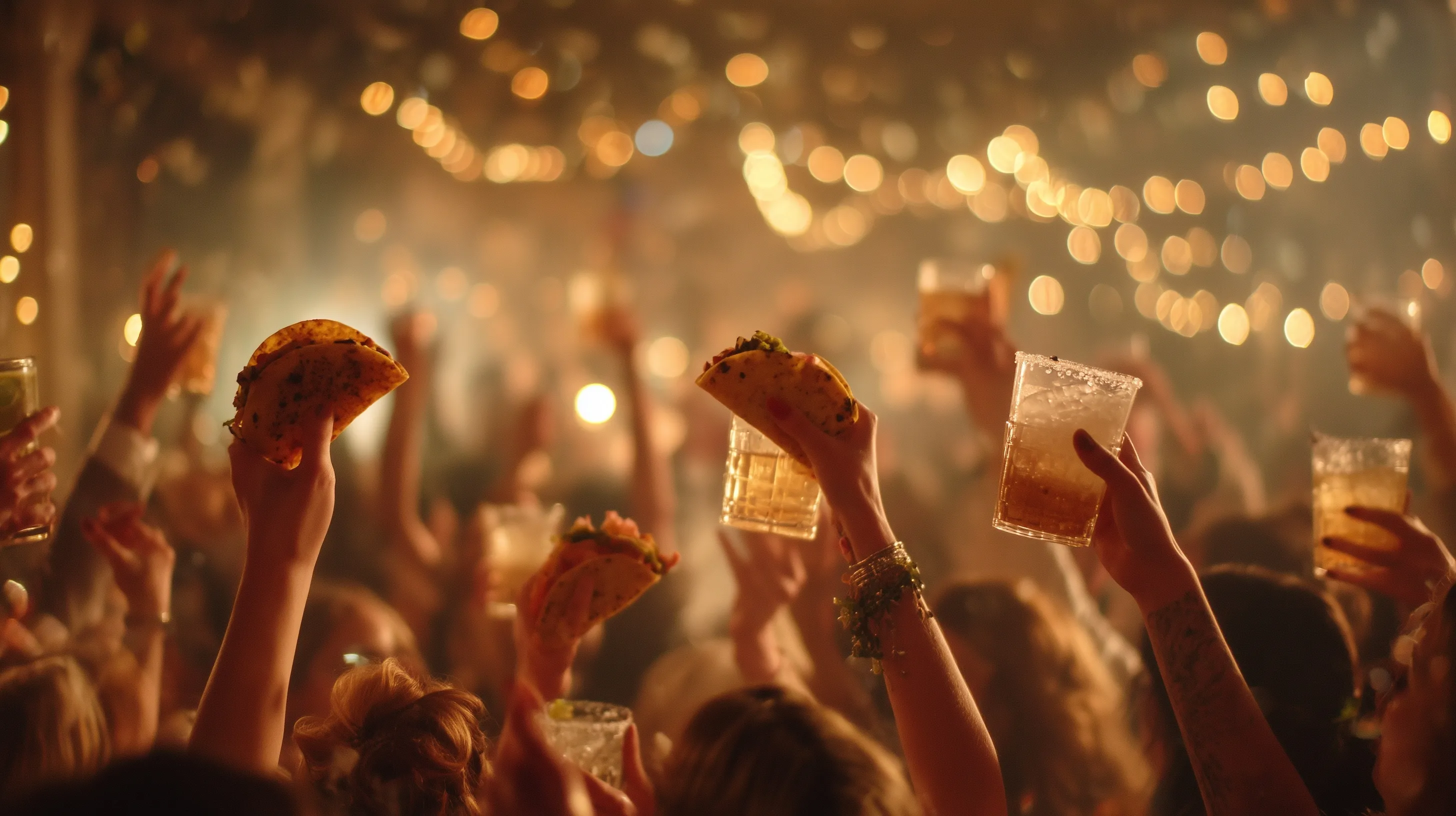 Hands raised at a wedding party holding tacos and lime margaritas with cinematic fairy lights and disco atmosphere.