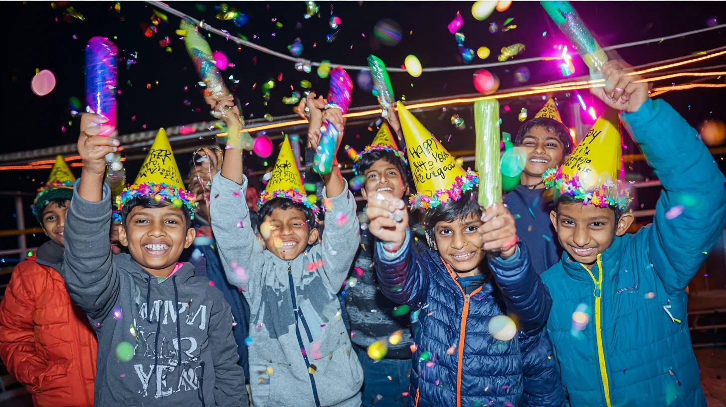 Indian kids celebrating New Year on a terrace with party poppers, confetti, and colorful festive hats.