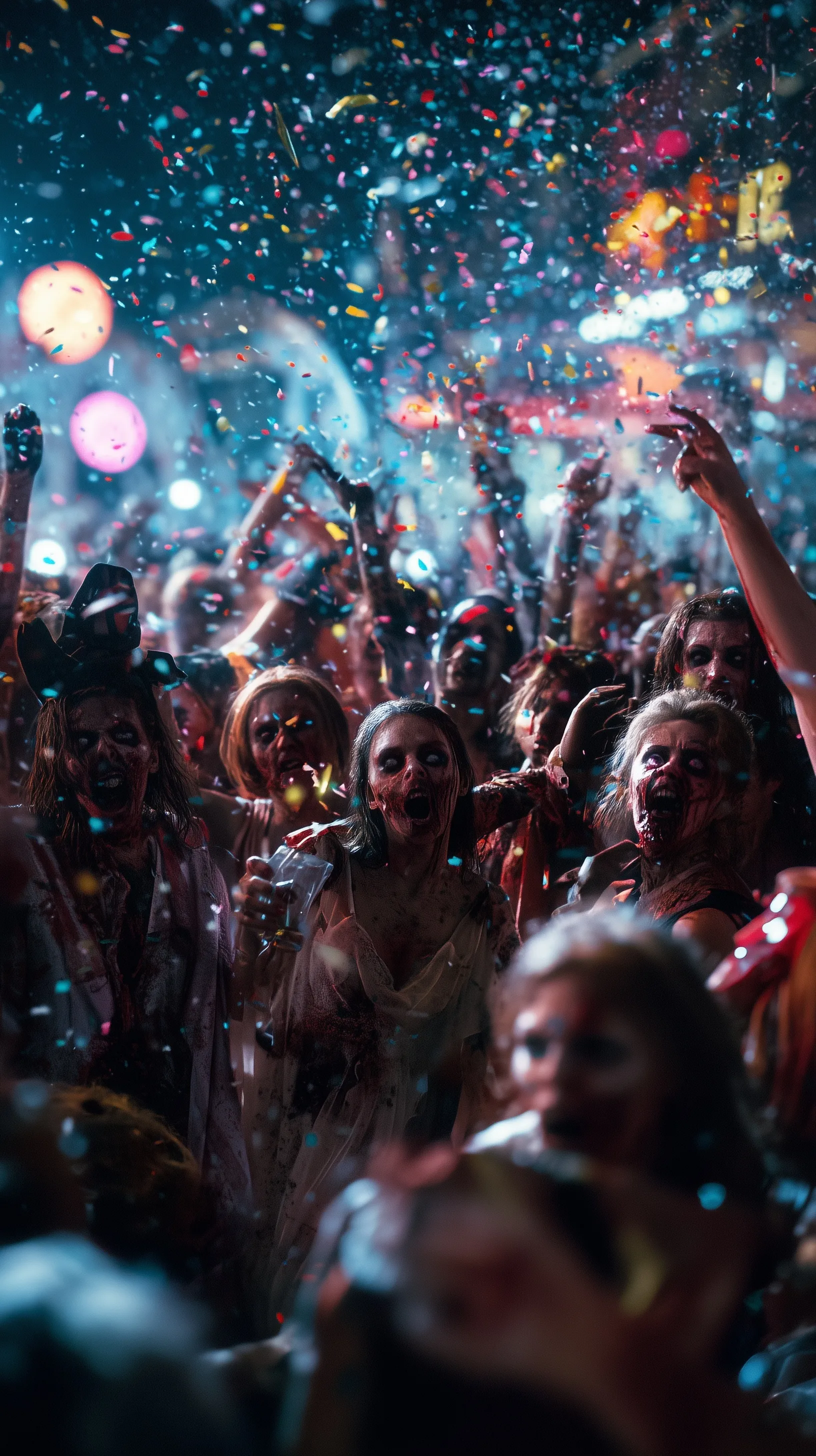 A cinematic horror New Year’s Eve party with zombies in formalwear and macabre confetti under a giant looming clock.