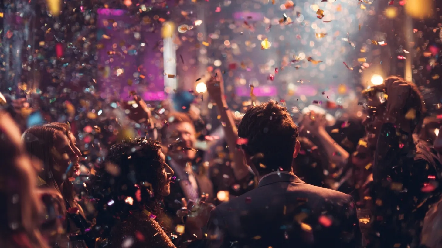 Excited group of friends celebrating New Year's Eve party with champagne and golden confetti at night.