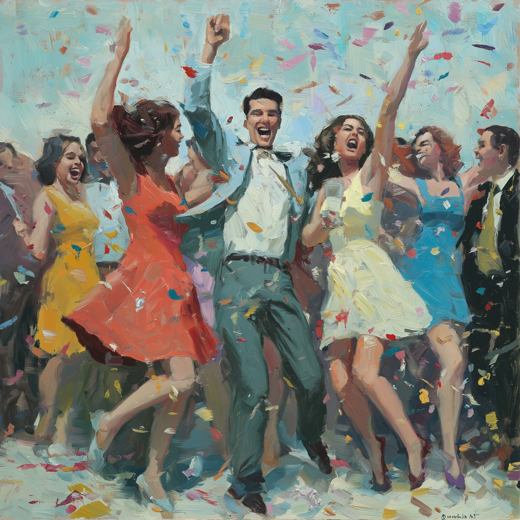 A joyful group of friends celebrating at a party with colorful confetti and festive decorations.