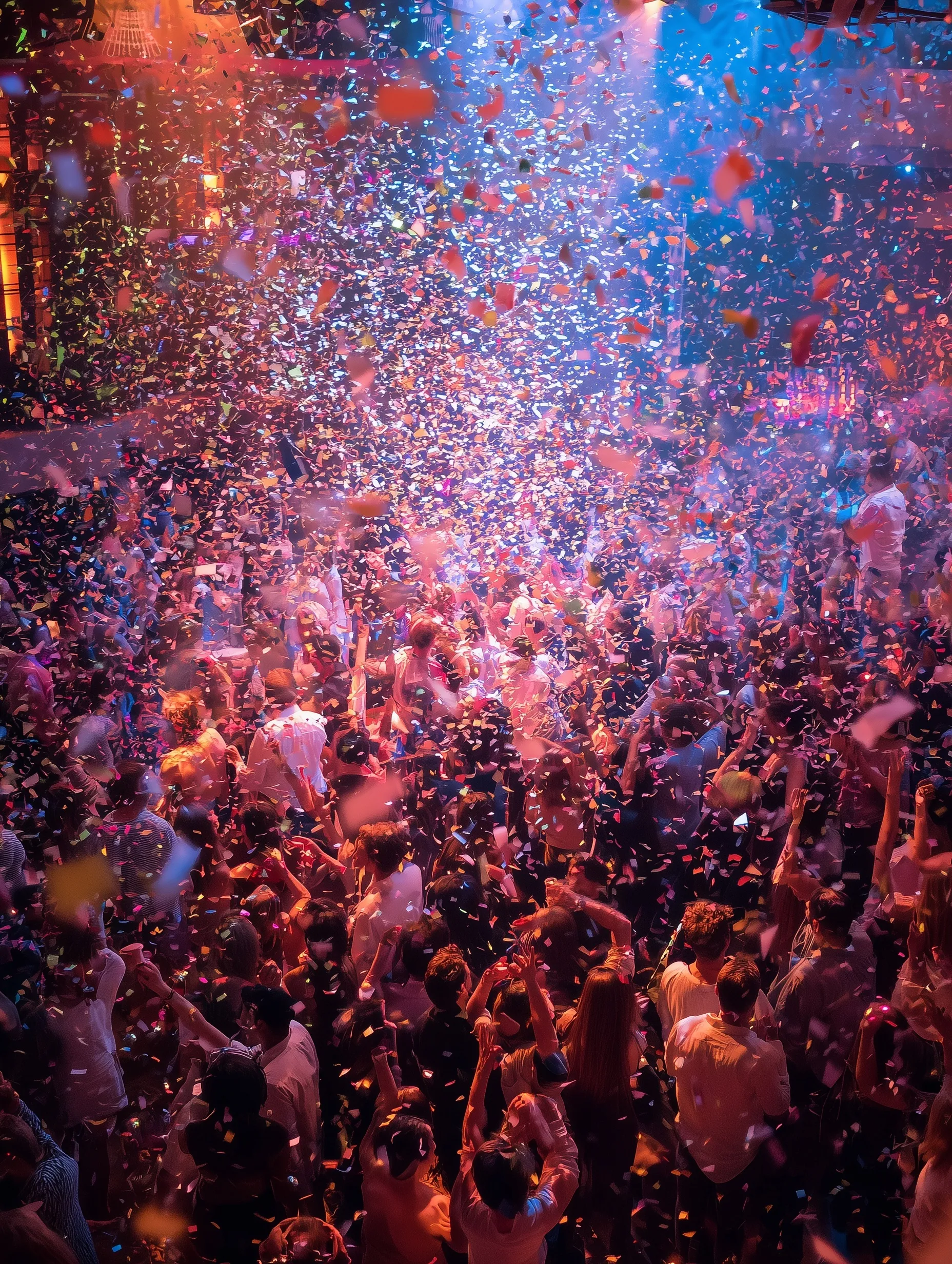 Night club party scene with a dramatic explosion of special effects, confetti, and pyrotechnics on the dance floor.