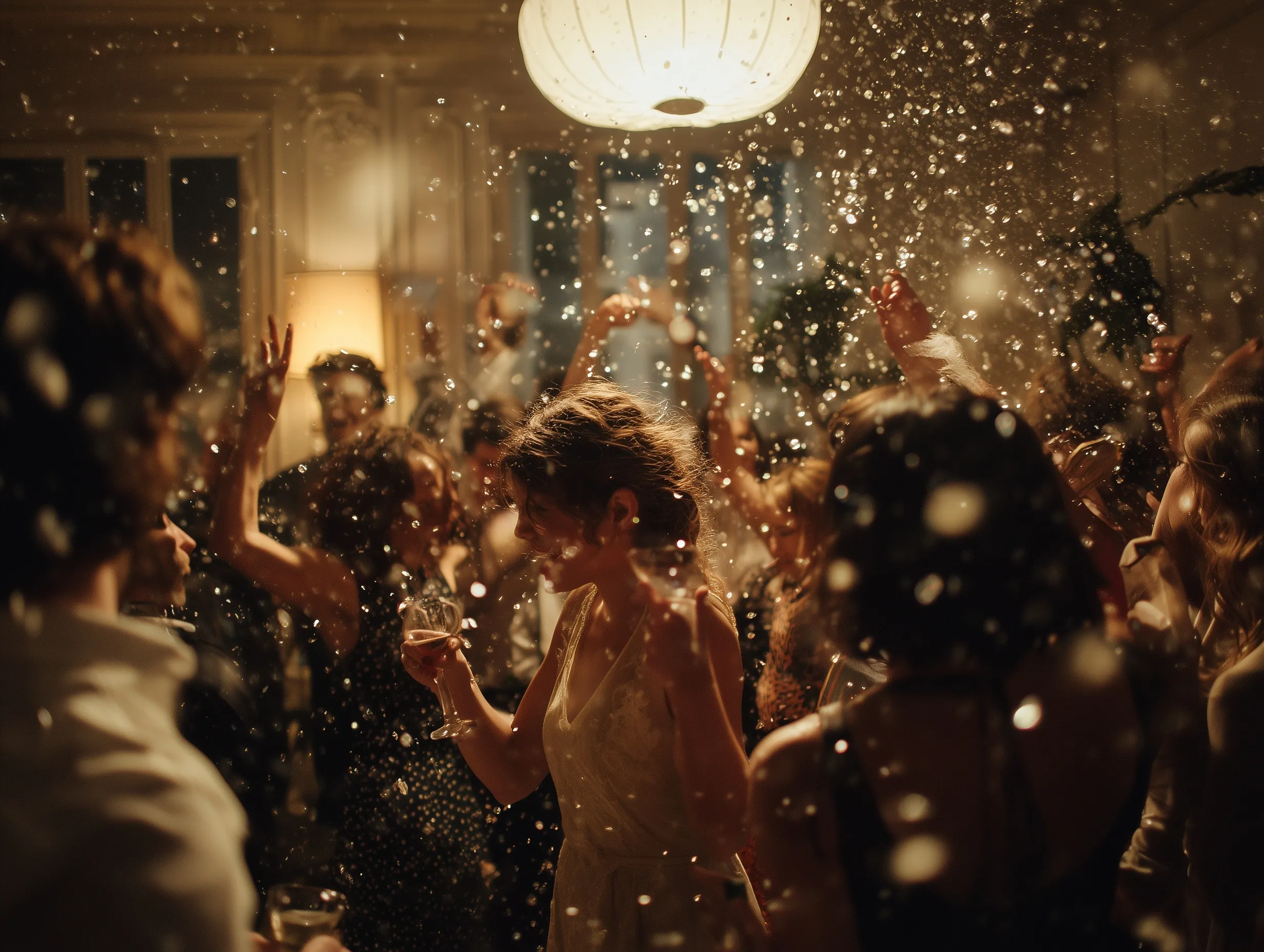 Group of friends celebrating a 40th birthday with champagne and dancing in a luxury Parisian apartment.