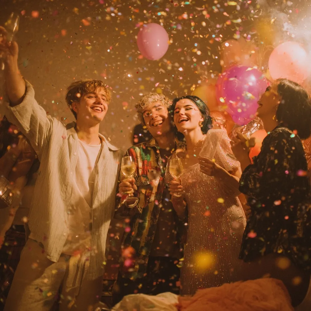 A joyful group of friends at a vibrant celebration party, enjoying colorful decorations without alcohol.