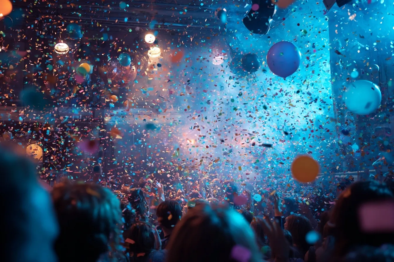 A joyful group of friends celebrating at a vibrant World Party Day event with colorful confetti and festive decor.