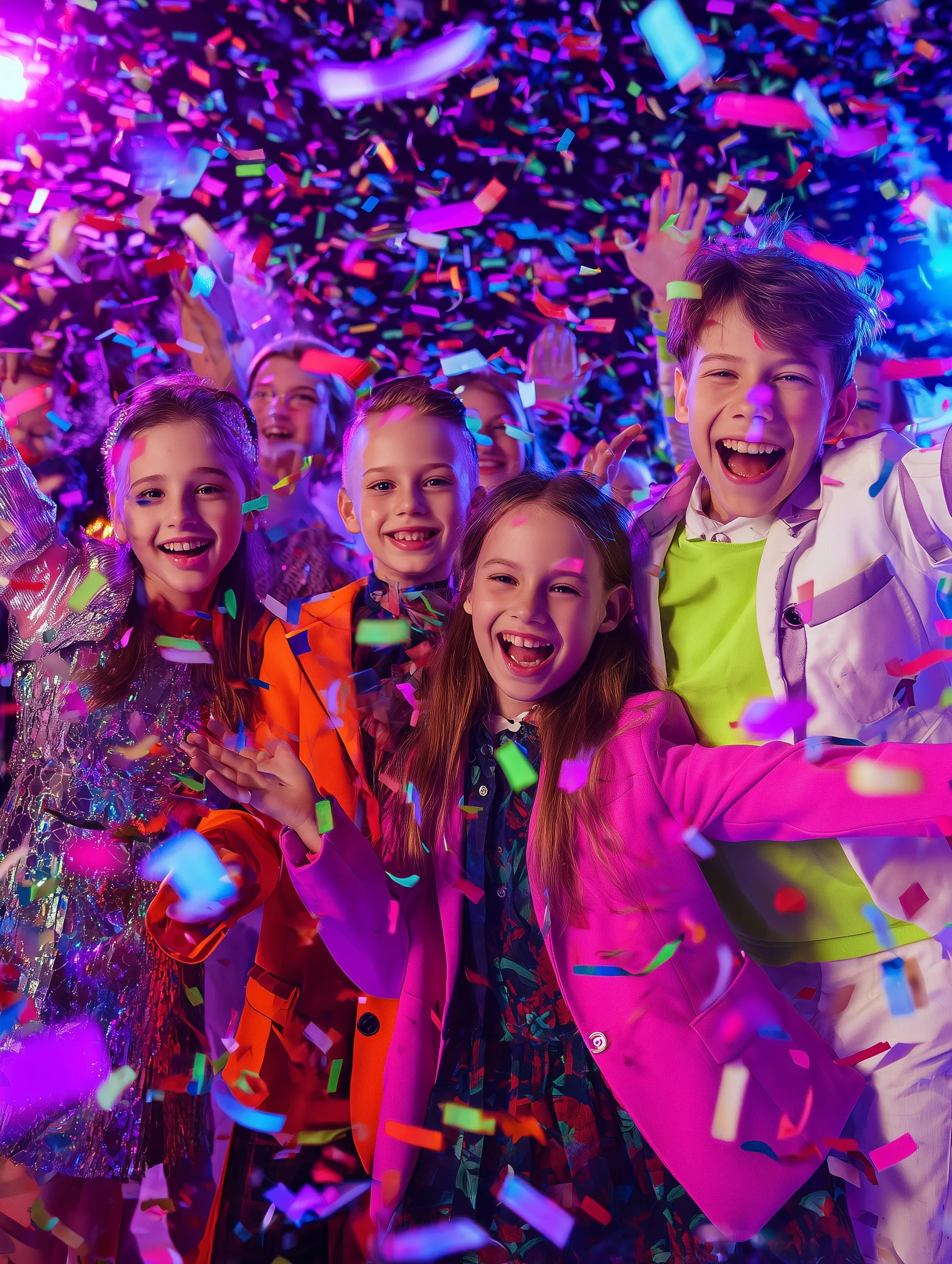 Diverse 9-year-old children dancing at a vibrant neon disco party with colorful confetti and cinematic lighting.