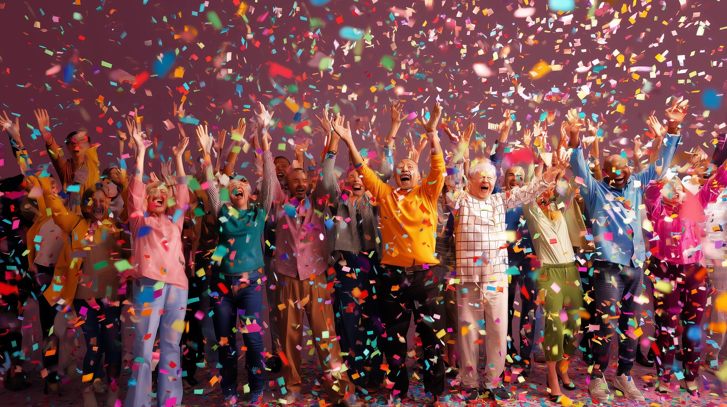 Diverse group of joyful people cheering with arms raised amidst colorful falling confetti at a vibrant party.