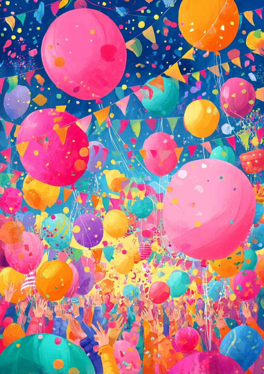 A festive celebration background with colorful balloons, bunting, and confetti for a bright, joyful party atmosphere.