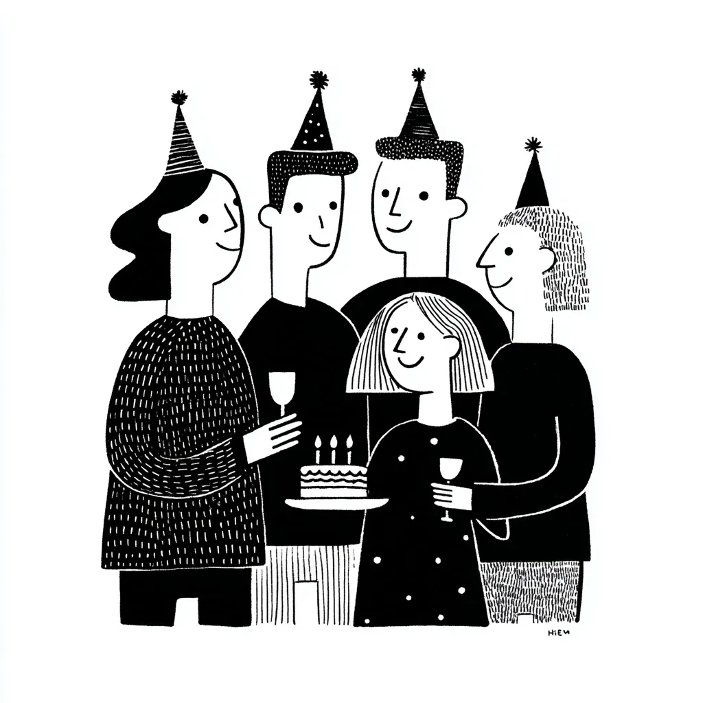 Minimalist monochrome birthday party illustration with bold flat lines on a plain background.