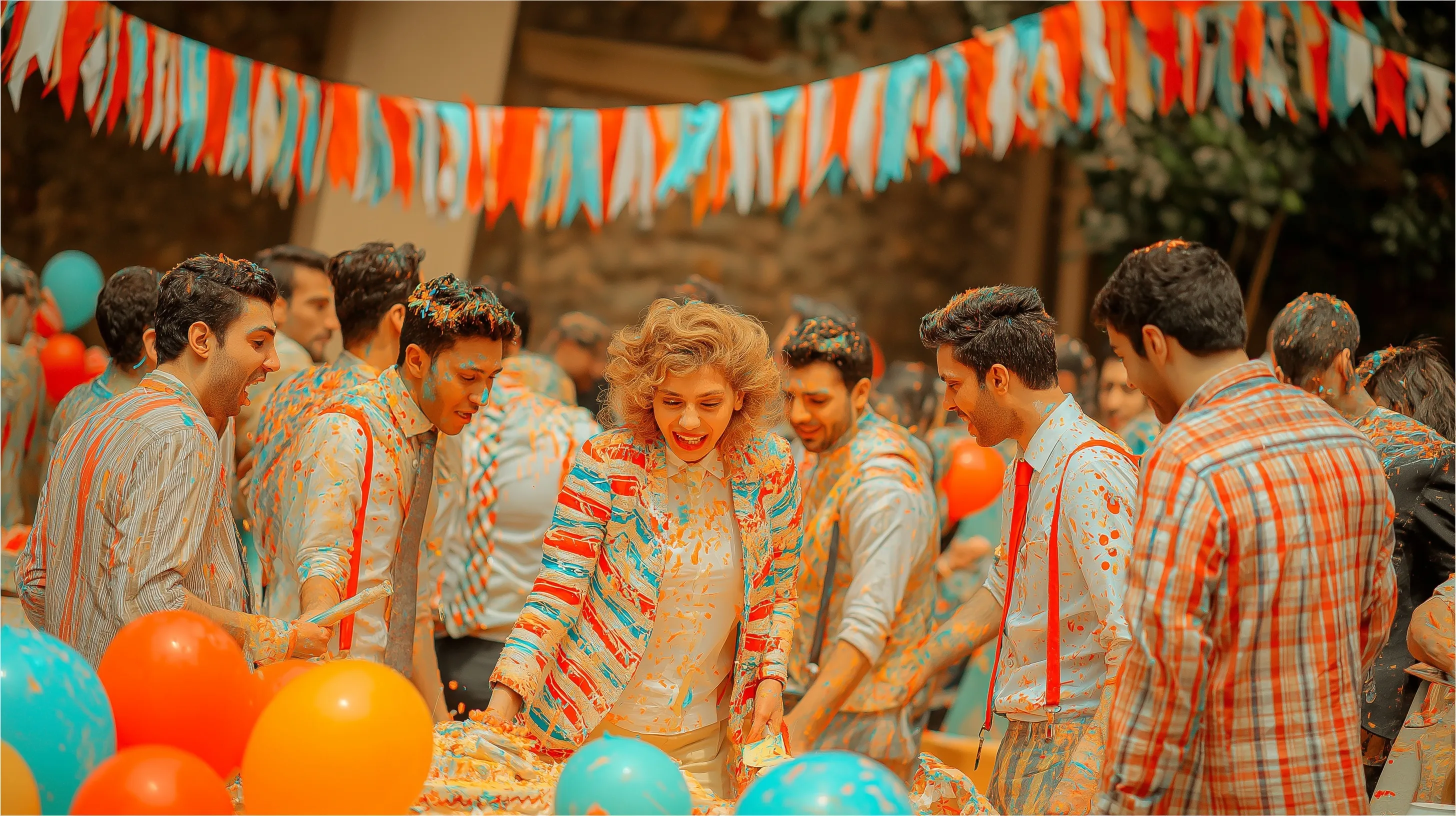 A diverse group of Iraqi men and women celebrating birthdays together with colorful balloons and birthday cakes.