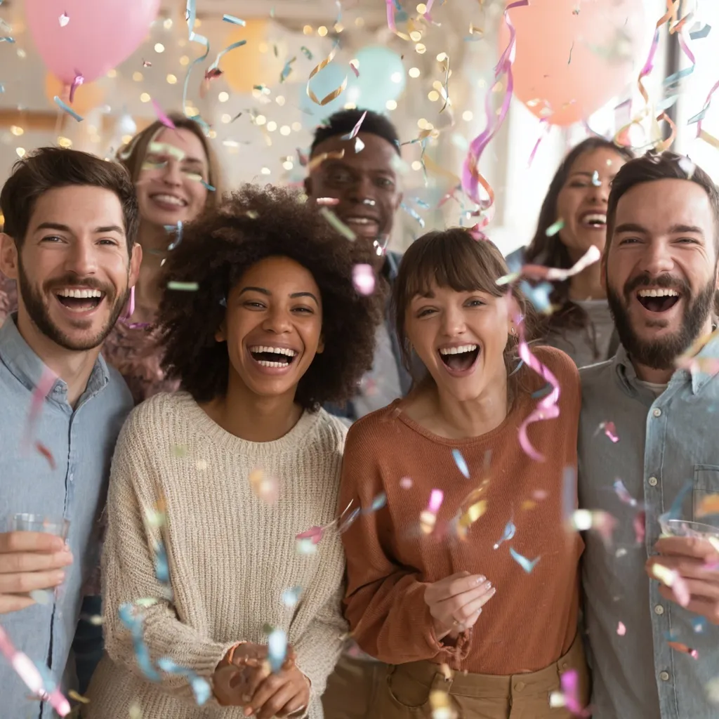 A diverse group of friends laughing and celebrating at a festive birthday party with colorful ribbons in the air.