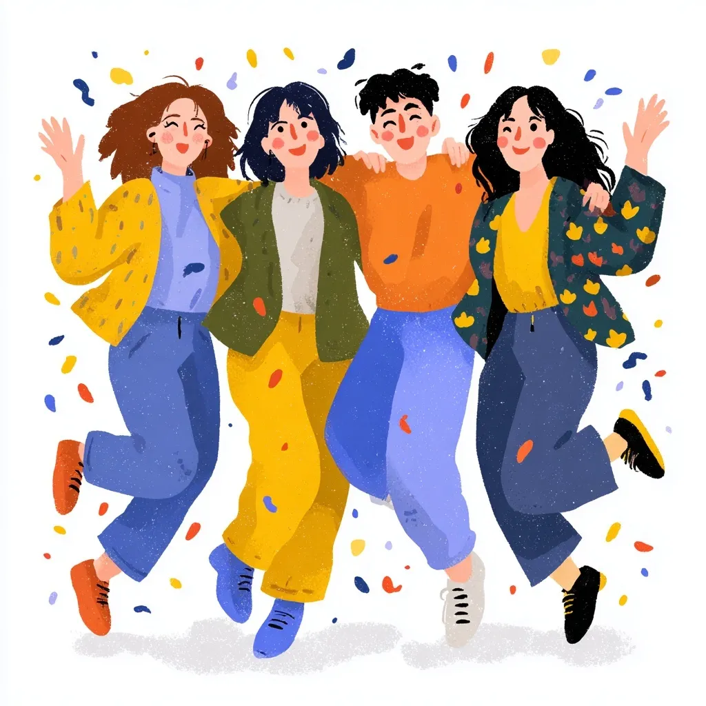 A flat vector illustration of happy people dancing and throwing confetti in a colorful comic sticker style.
