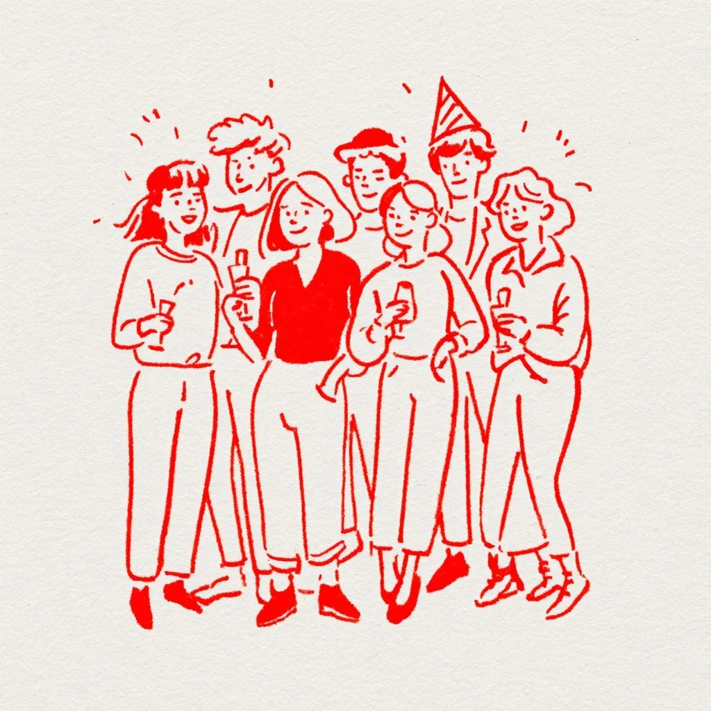 A single-line art illustration of a group of friends celebrating a birthday party in minimalist red line style.