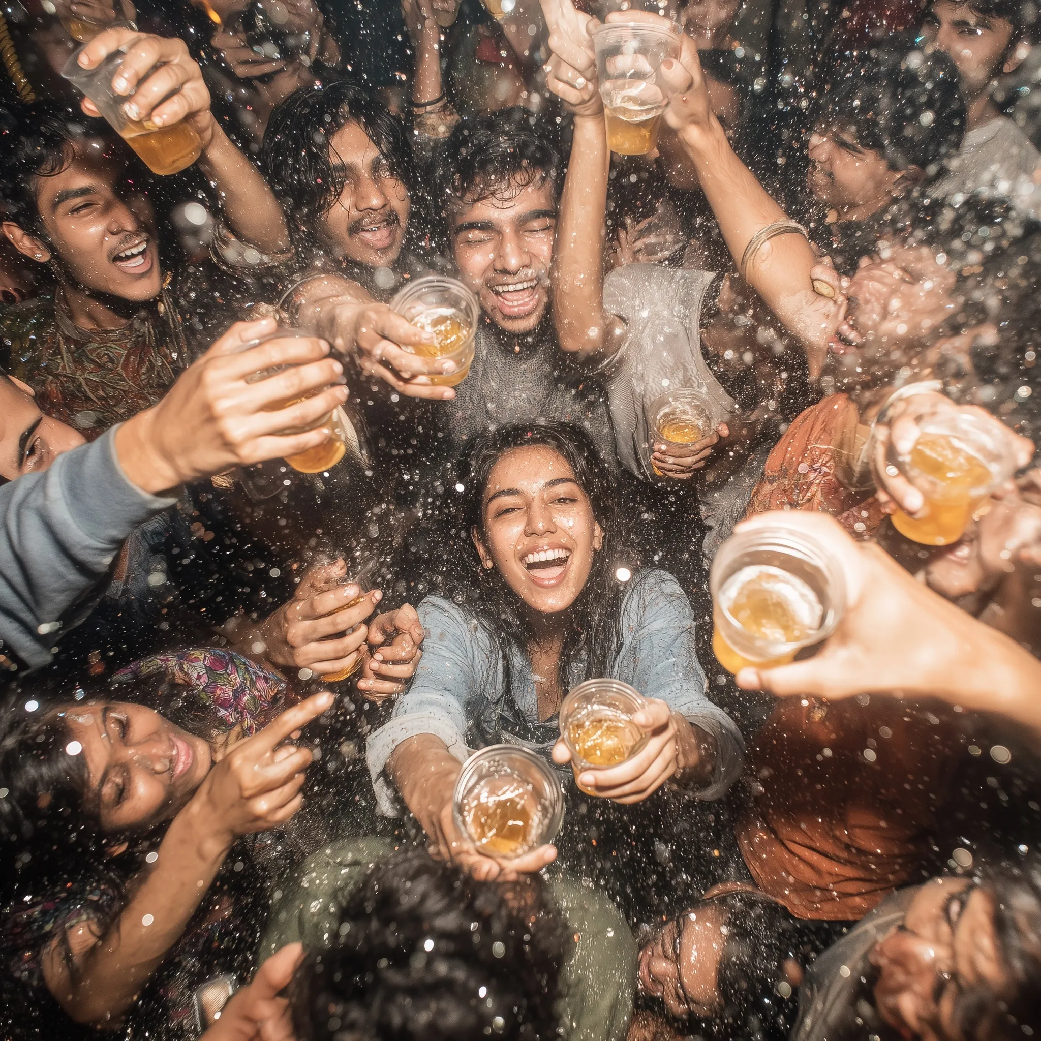 Excited young Indian people celebrating at a nightclub, cheering with drinks splashing, top-down view.