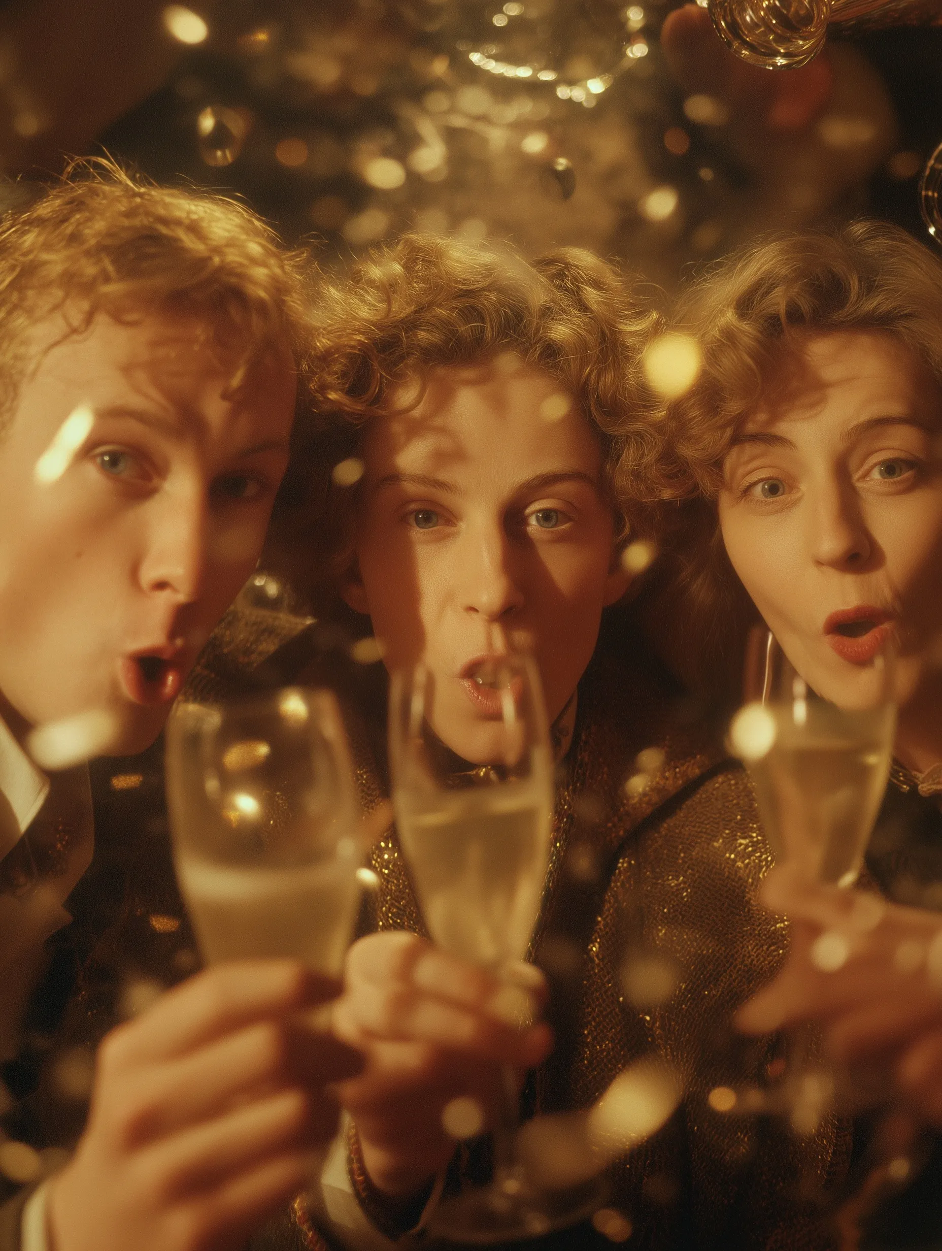 Three friends celebrating New Year with champagne in a warm, 90s British comedy aesthetic.