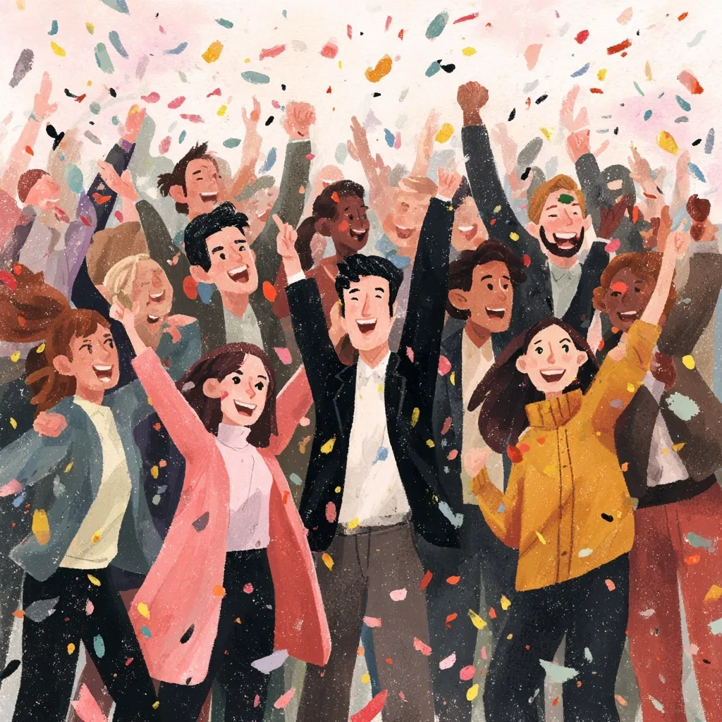 A diverse group of office workers celebrating together during a professional party in a modern workspace.