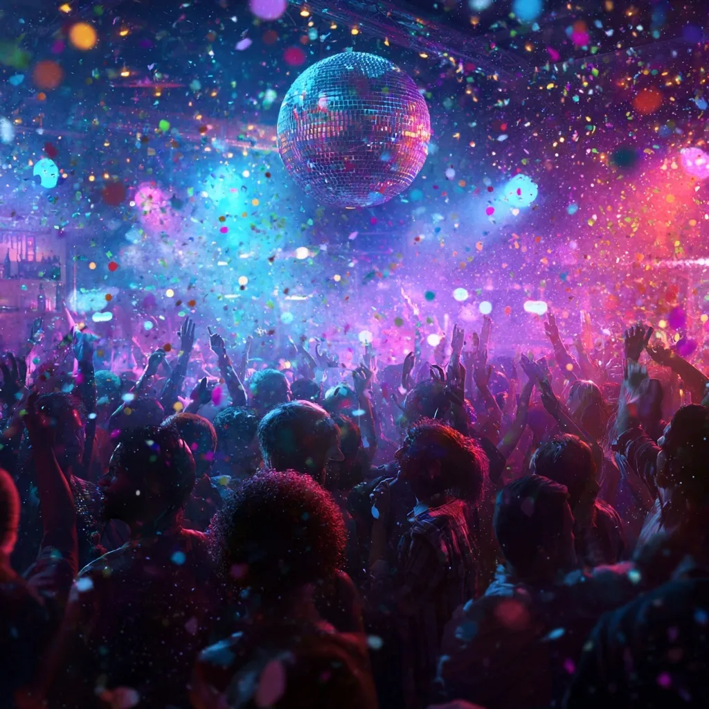 Crowd dancing at a neon-lit 80s disco party with falling confetti and energetic, euphoric expressions.