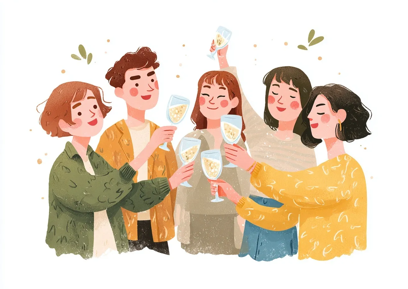 A flat vector illustration of a group of friends toasting with drinks, simple cute clipart on white background.