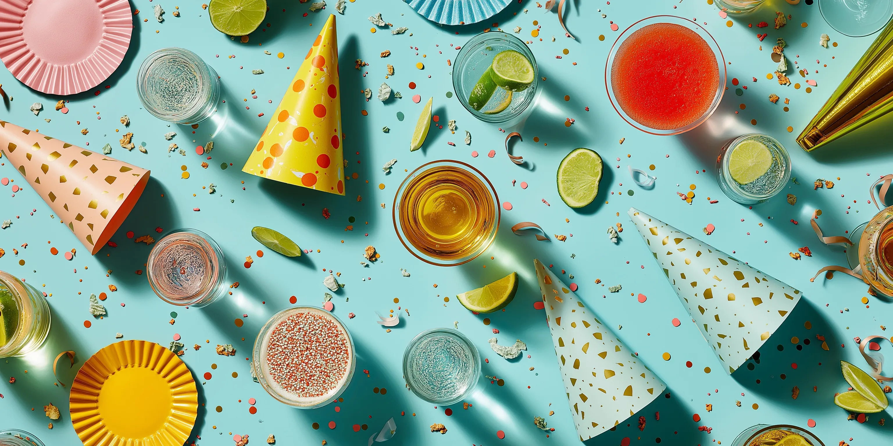 Top view of a festive party table with cocktail glasses, beer, party hats, and colorful confetti on a flat background.