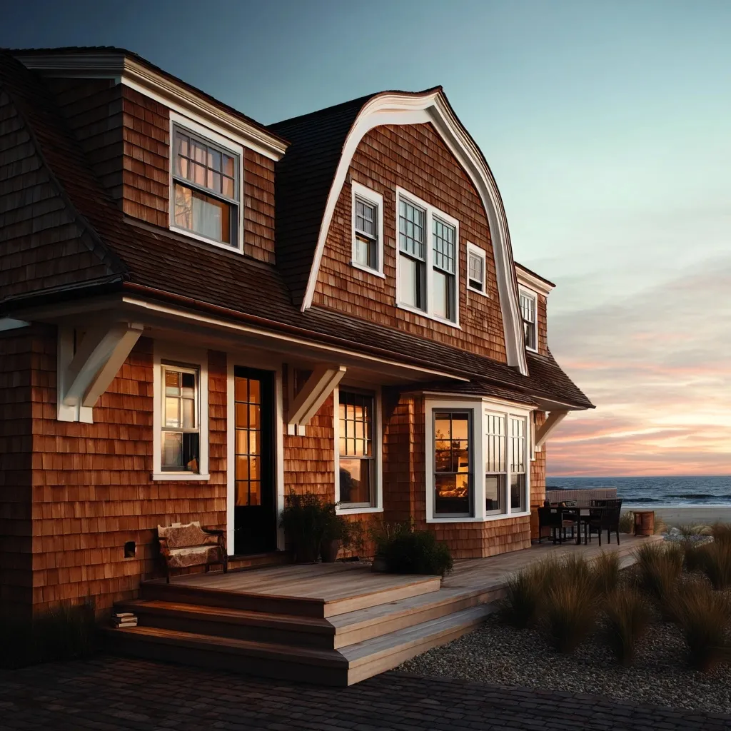 Coastal home exterior featuring traditional cedar shake siding and a classic gambrel roof design.