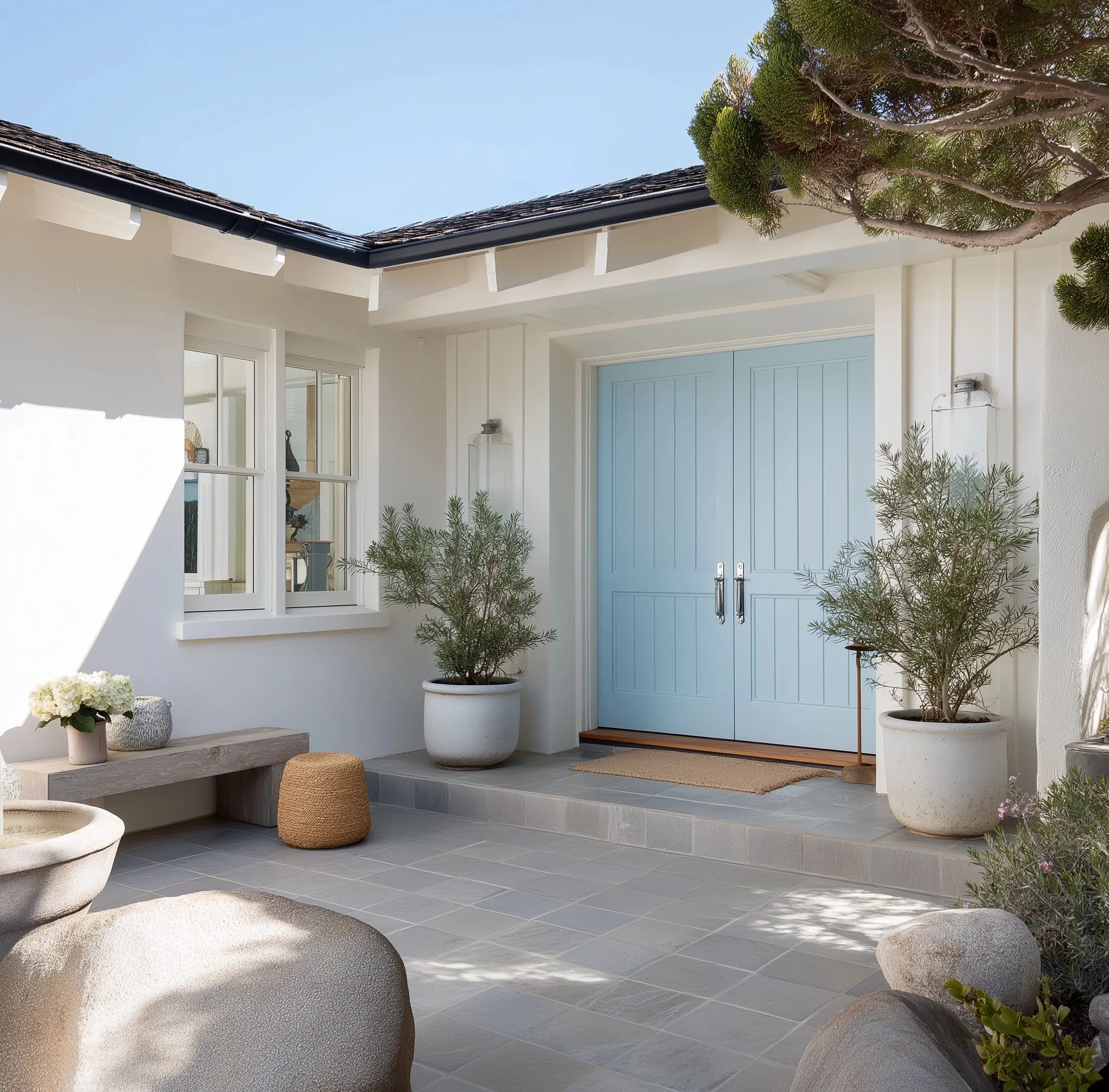 Modern farmhouse beach house exterior with light blue front doors, white trim, and potted plants on a tiled patio.