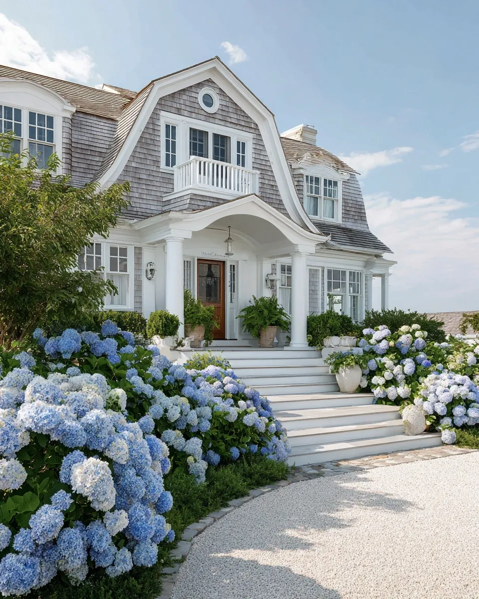 Luxurious Cape Cod beach house exterior with a blooming hydrangea garden, front steps, and elegant entrance.