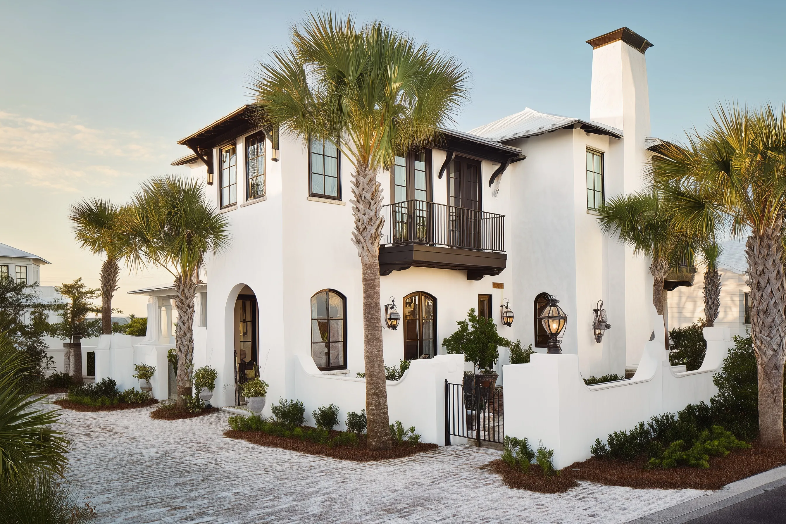 Alys Beach style luxury coastal home with white stucco, dark trim, palm trees, and a cobblestone walkway at sunset.
