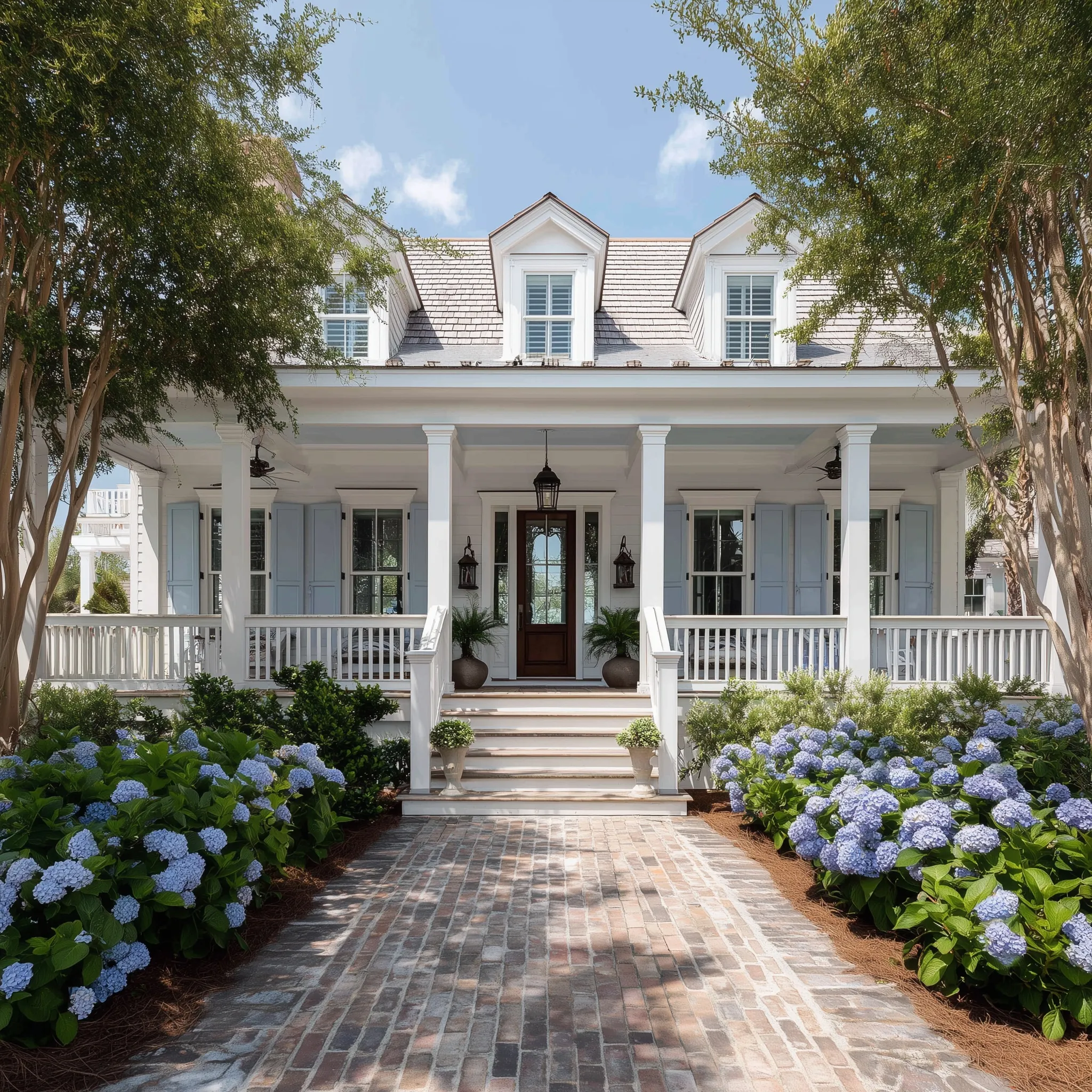 White coastal Lowcountry home with a porch, blue shutters, and blooming hydrangea flowers along a brick sidewalk.