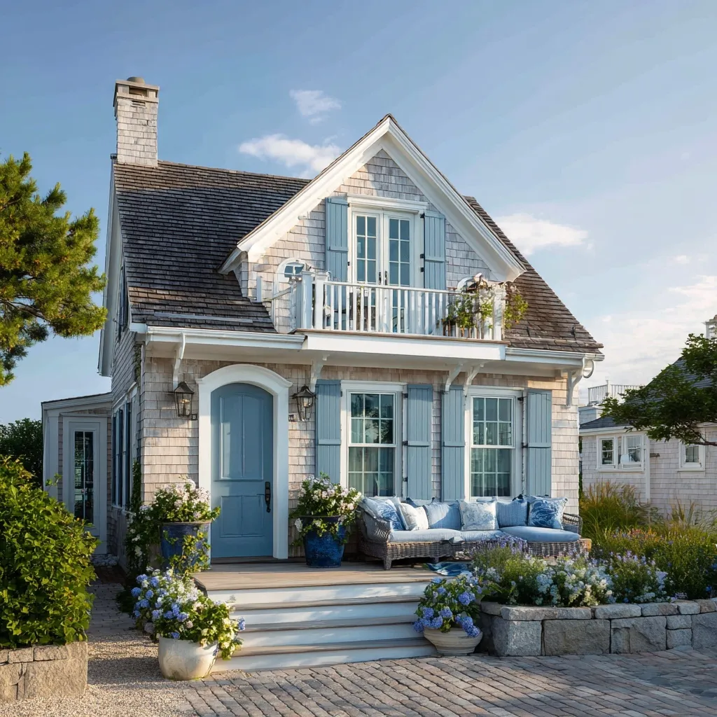Charming New England beach cottage exterior with cedar shingles and white trim on a sunny coastal landscape.