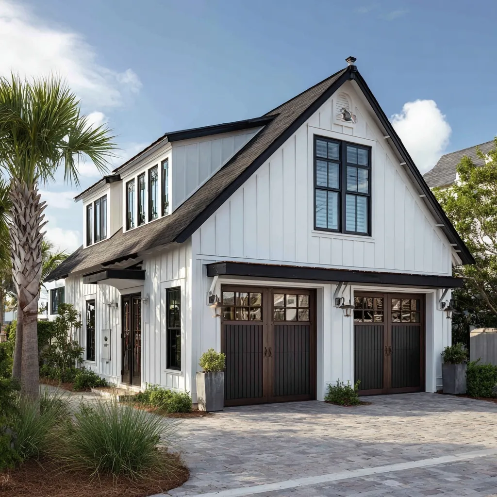 Coastal home two-car garage with white shingles, black trim, and bronze accents in a Gulf Coast architectural style.