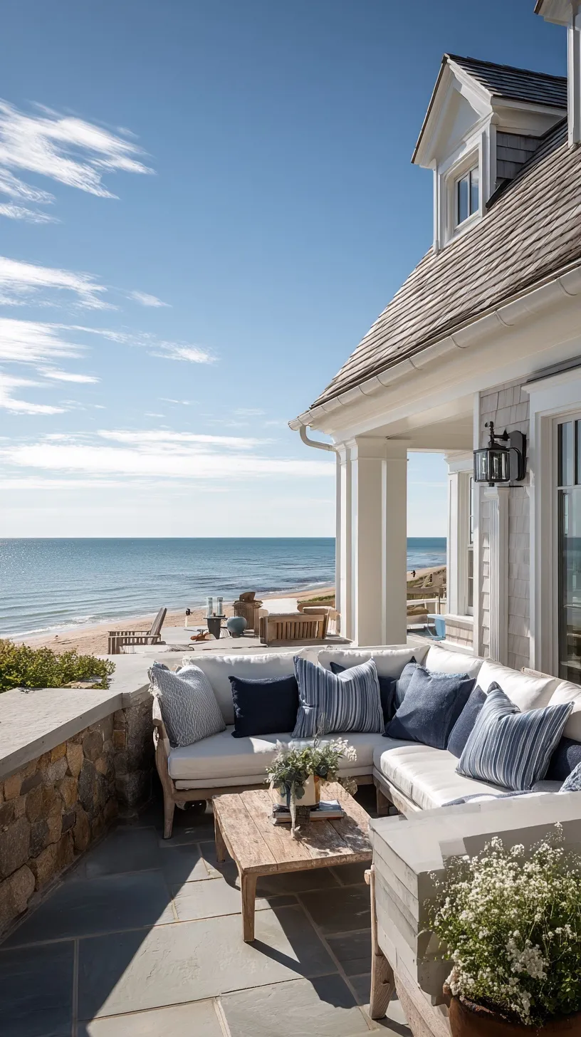 A beautiful Cape Cod back patio overlooking a scenic sandy beach and blue ocean waves.