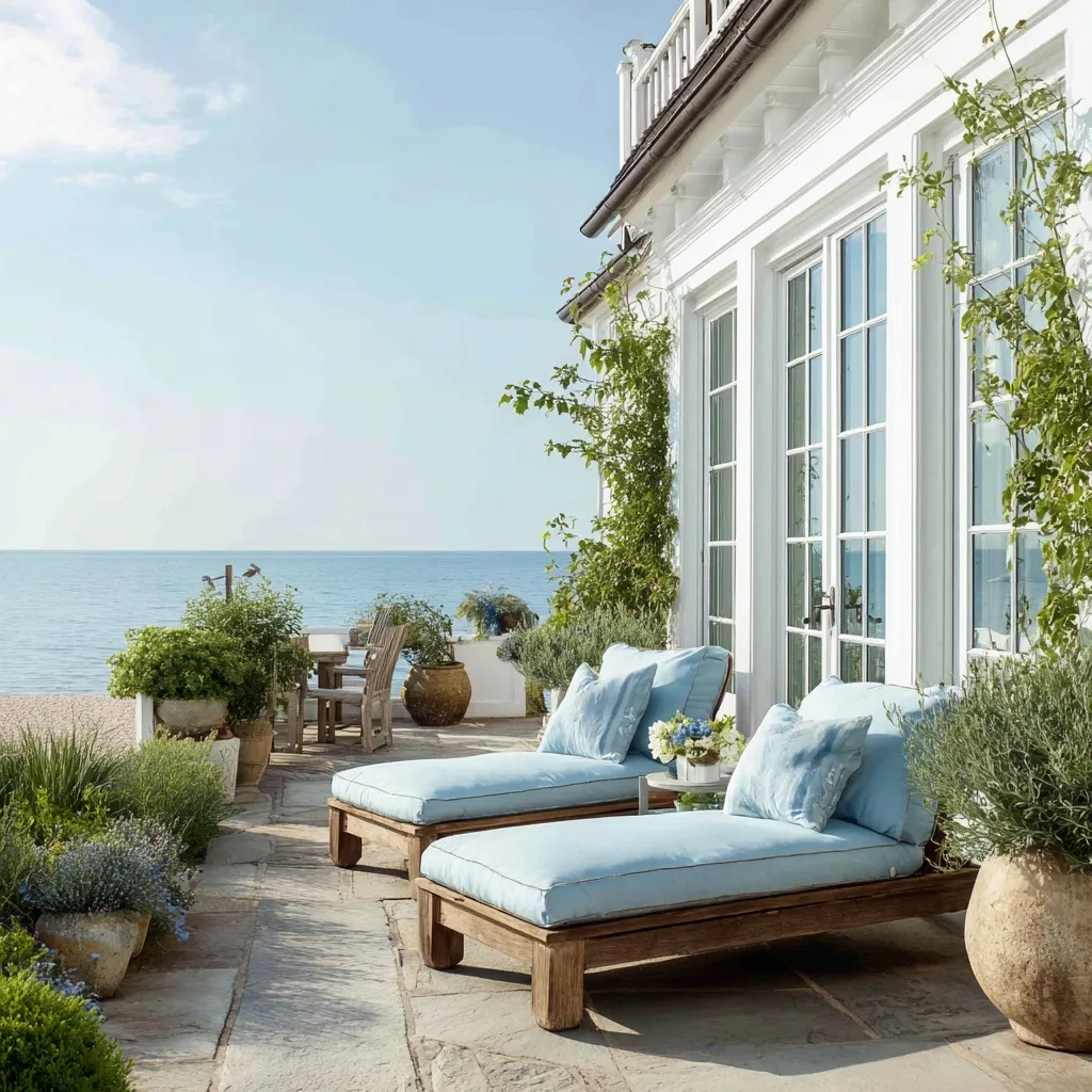 Coastal patio with wood chaise loungers, light blue cushions, and potted plants overlooking the ocean.