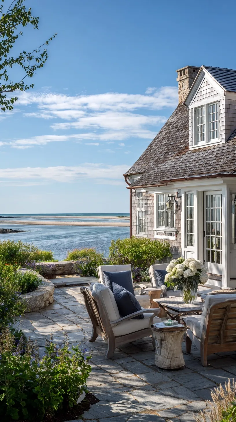 A private back patio of a luxury Cape Cod style home featuring stunning ocean views and a secluded beach setting.