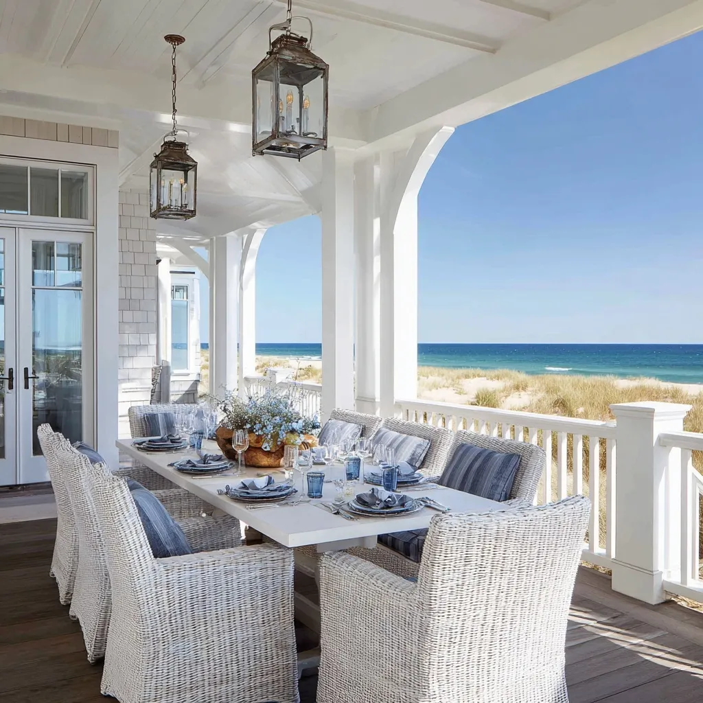 Coastal dining set with wicker chairs and blue accents on an oceanfront deck overlooking a sandy beach.