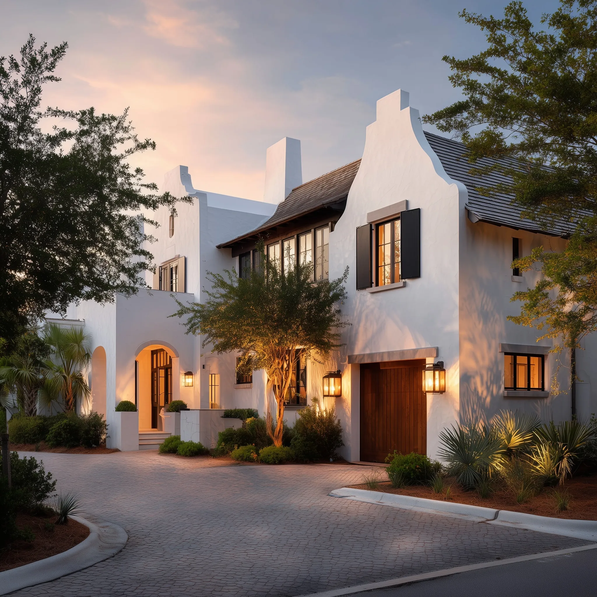 A sprawling white Bermuda-style coastal home with modern Dutch-influence architecture and a three-car garage.