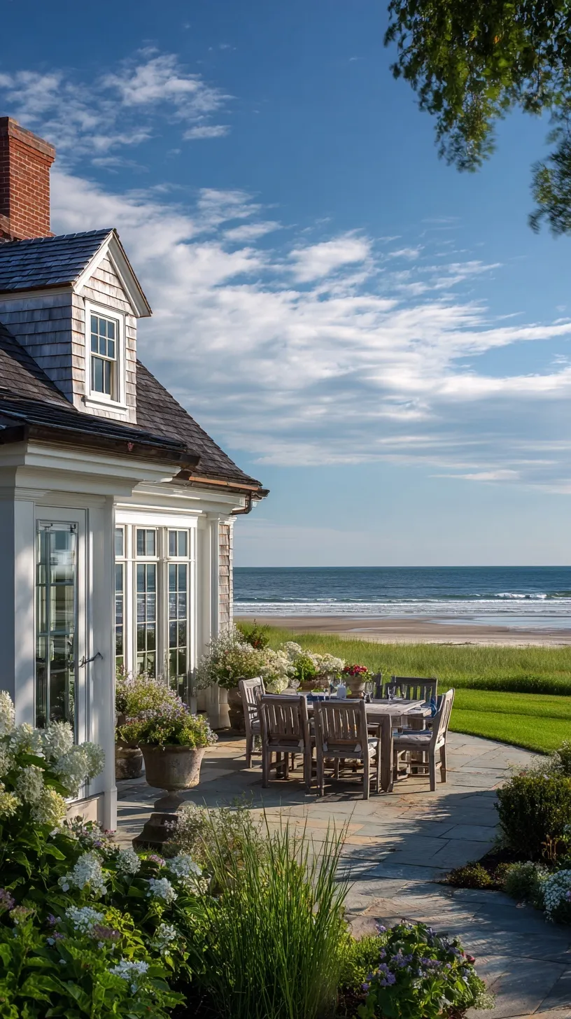 Back patio of a classic Cape Cod home featuring a beautiful view of the blue ocean.
