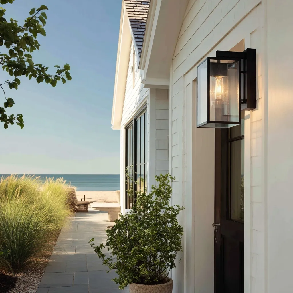 Modern black wall light fixture on a white coastal farmhouse exterior next to an open door in Cape Cod.
