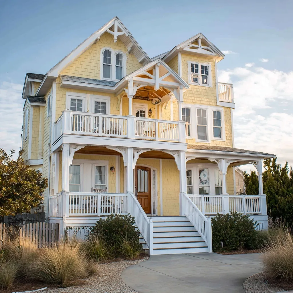 Two-story coastal home in Outer Banks, NC with light yellow siding, white trim, and multiple covered porches.